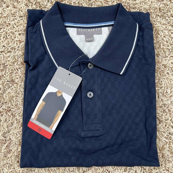 Ted Baker Men’s Textured Cotton Short Sleeve Polo Shirt Navy, Size Medium (New) - Picture 1 of 16
